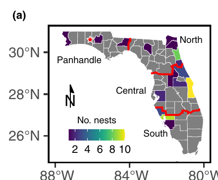 Map of source counties for translocated gopher tortoises in Florida