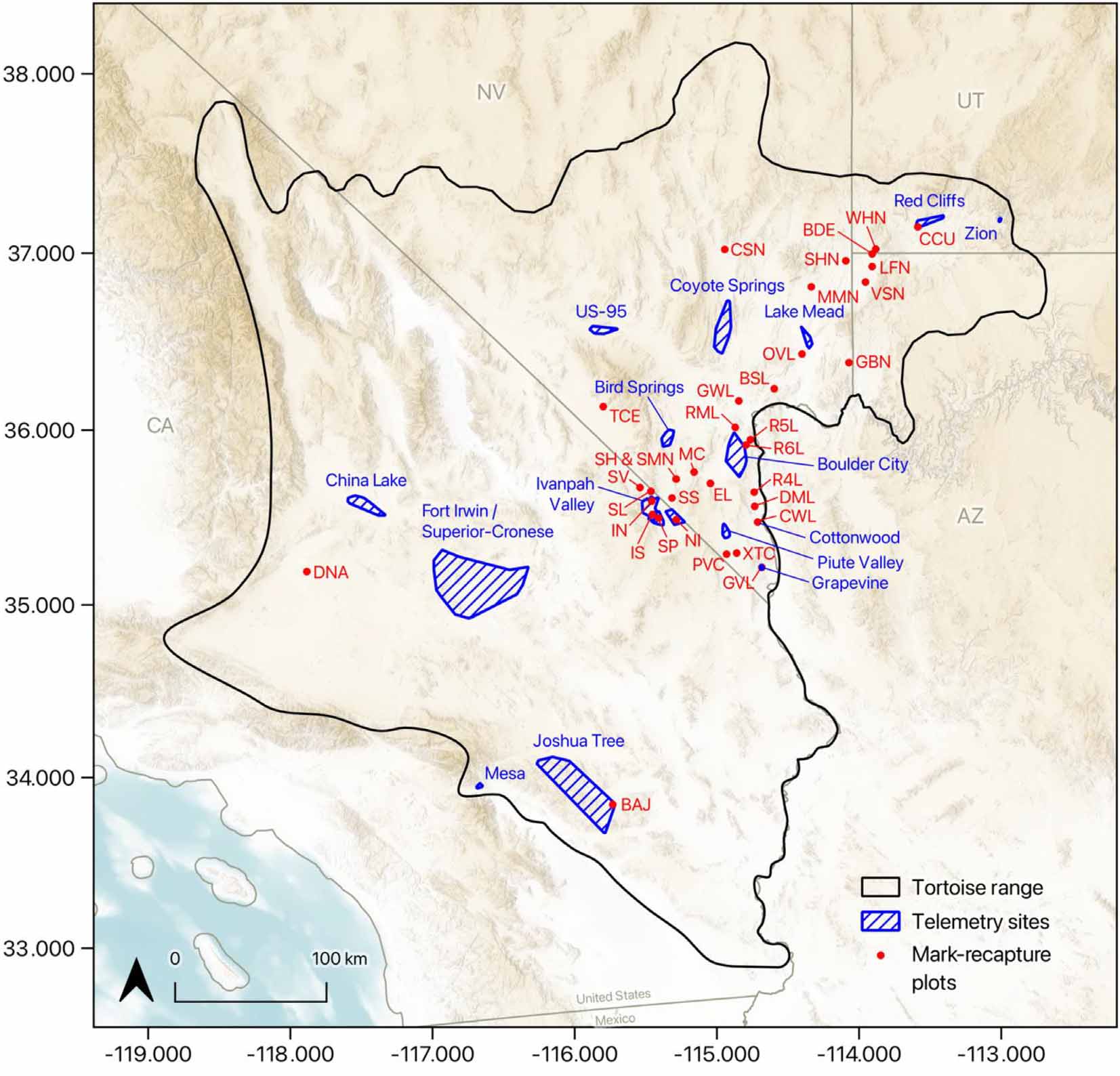 Map of Mojave desert tortoise mark-recapture and telemetry study sites